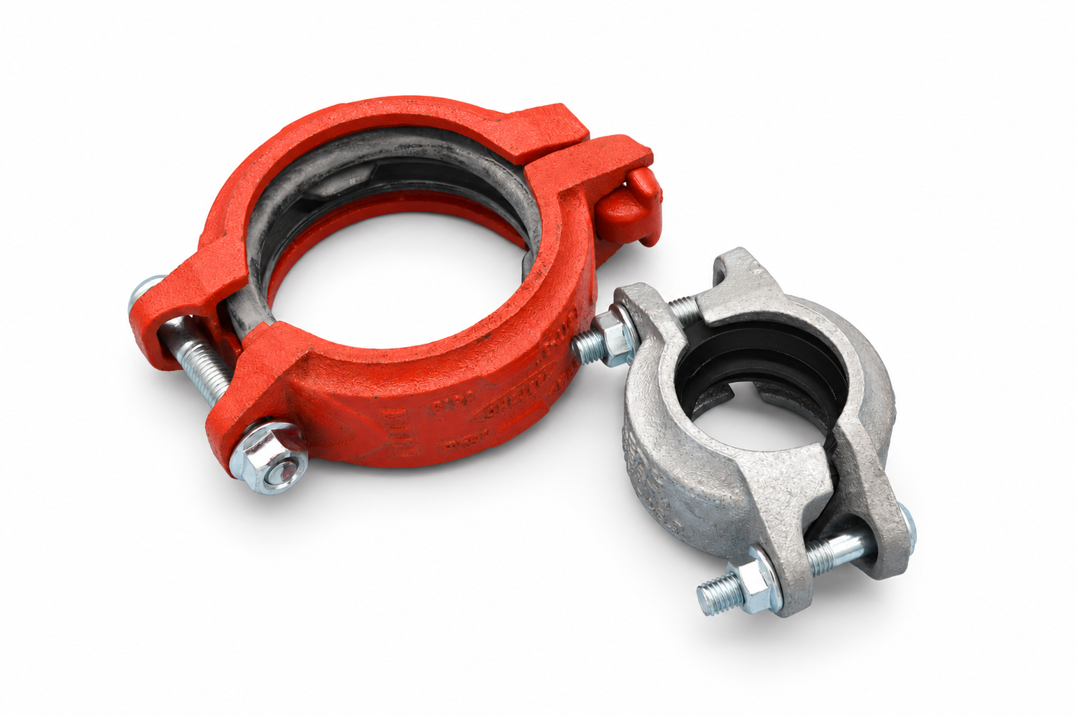 Red and galvanized grooved coupling designs displayed side by side