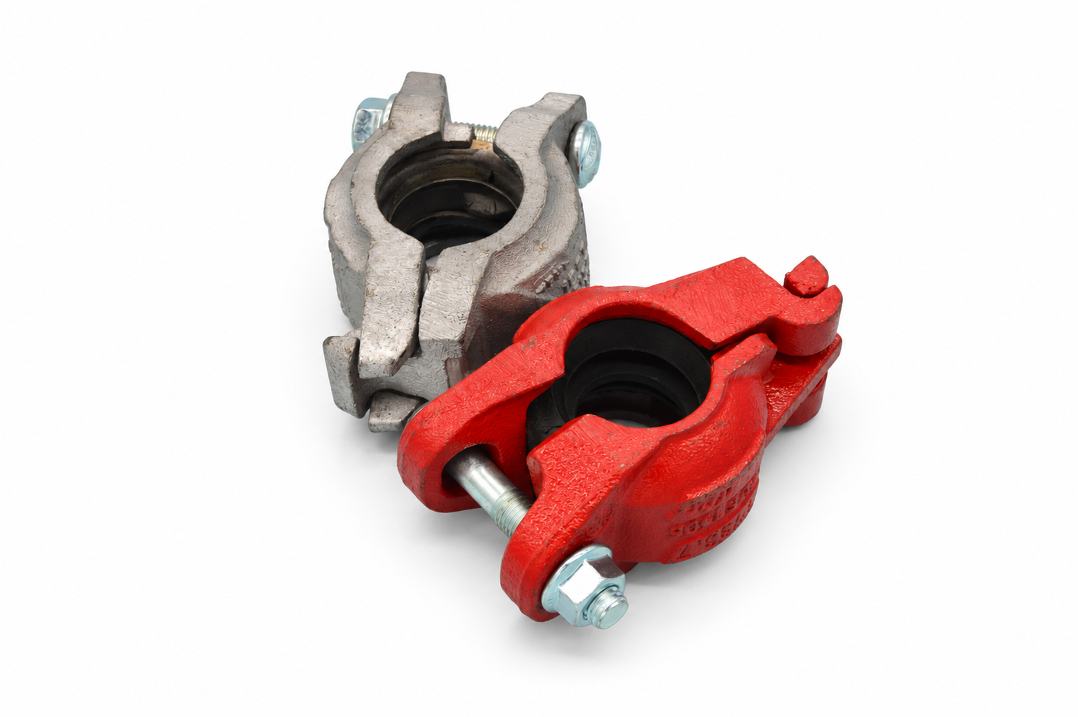 Red and galvanized single-bolt push-on grooved couplings